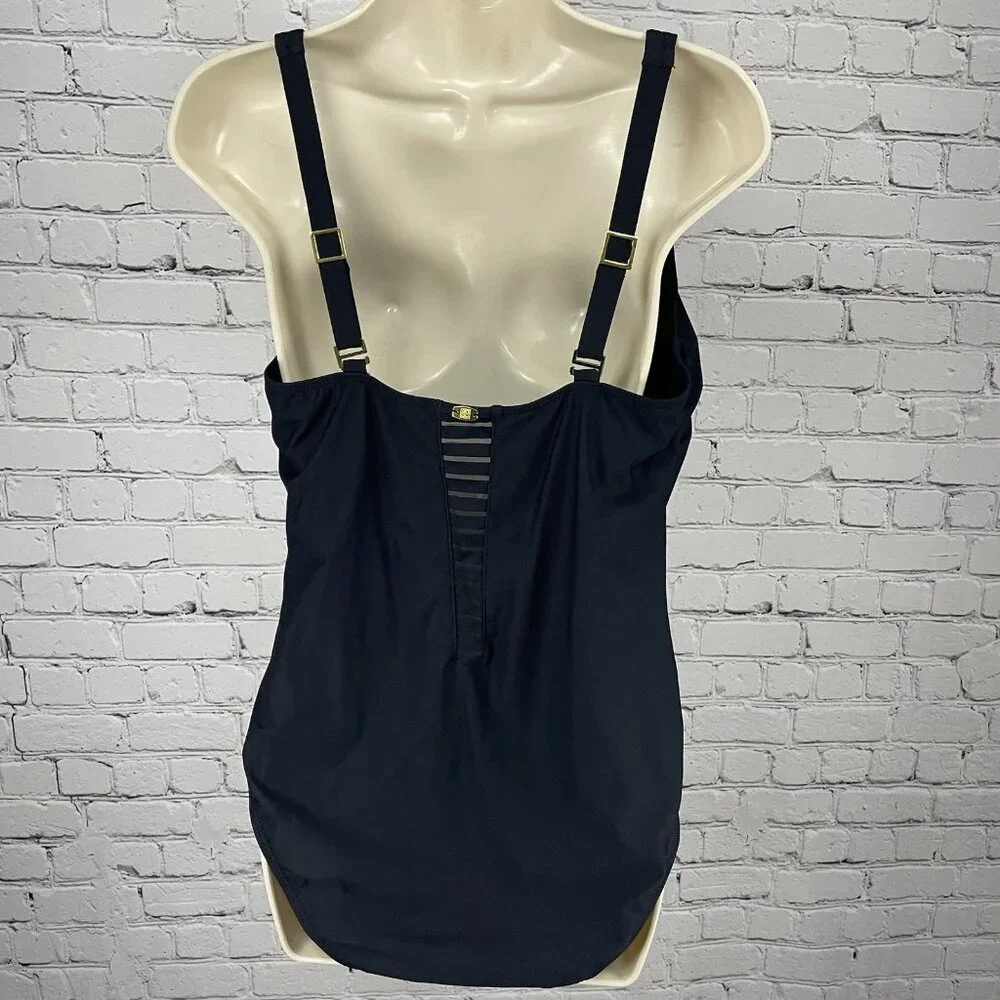 Amoressa Black Padded Bra Gold Accent Mesh Cut Out One Piece Swimsuit Size 16W